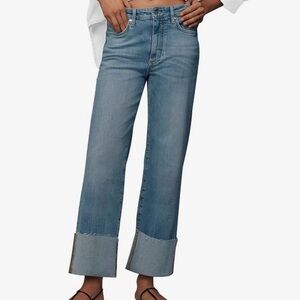 Denim Jeans High Rise Medium Wash Wide Leg Cuffed Hem Stretch Women 4
